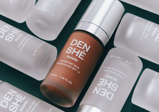 The Denshé Beauty Signature Skin Foundation in a frosted glass bottle with an aluminium coated pump