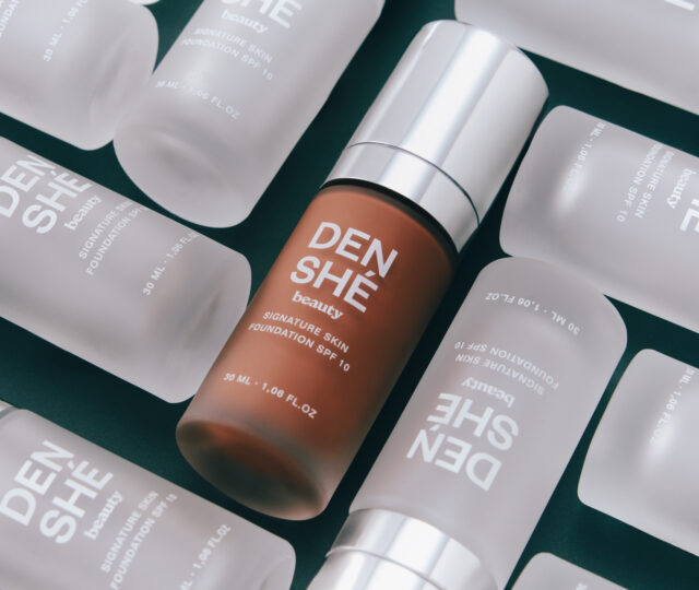 The Denshé Beauty Signature Skin Foundation in a frosted glass bottle with an aluminium coated pump
